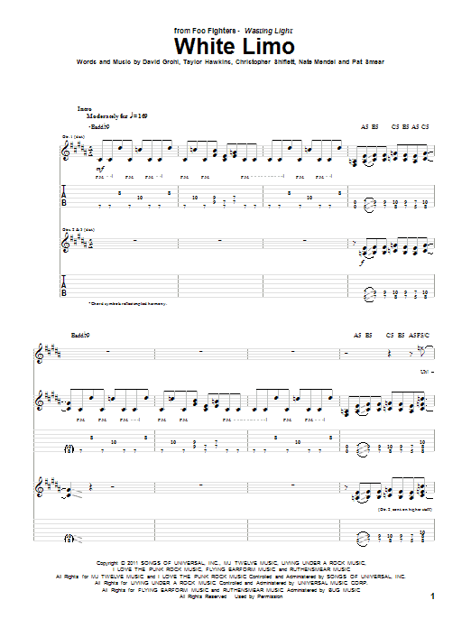 Foo Fighters White Limo sheet music notes and chords arranged for Guitar Tab