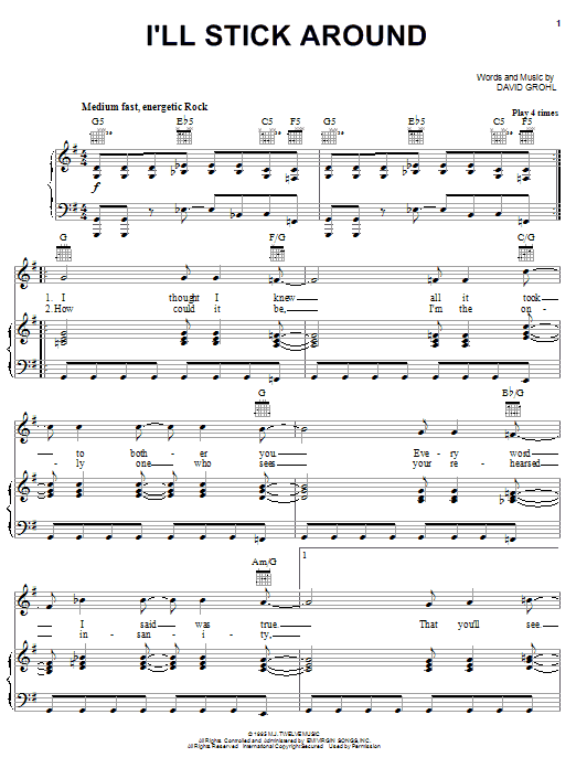 Foo Fighters I'll Stick Around sheet music notes and chords. Download Printable PDF.