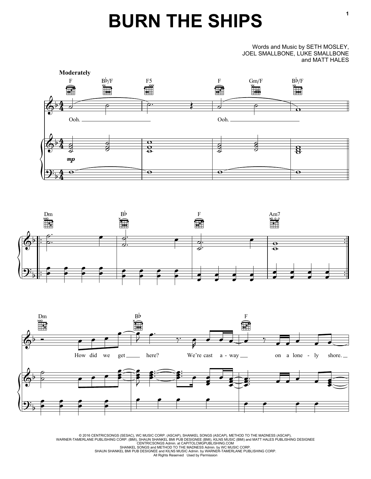 for KING & COUNTRY Burn The Ships sheet music notes and chords arranged for Piano, Vocal & Guitar Chords (Right-Hand Melody)