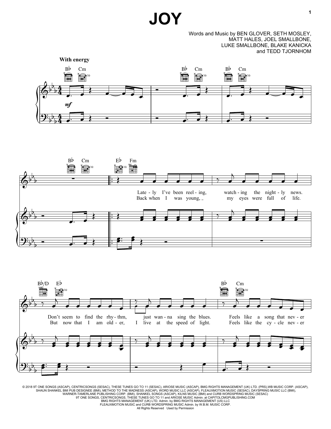 Ben Glover Joy sheet music notes and chords arranged for Piano, Vocal & Guitar Chords (Right-Hand Melody)