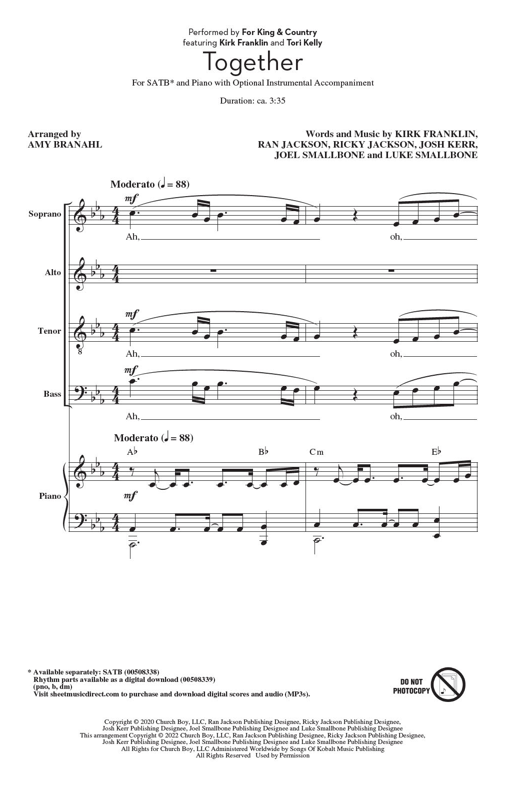 for KING & COUNTRY Together (feat. Kirk Franklin and Tori Kelly) (arr. Amy Branahl) sheet music notes and chords arranged for SATB Choir