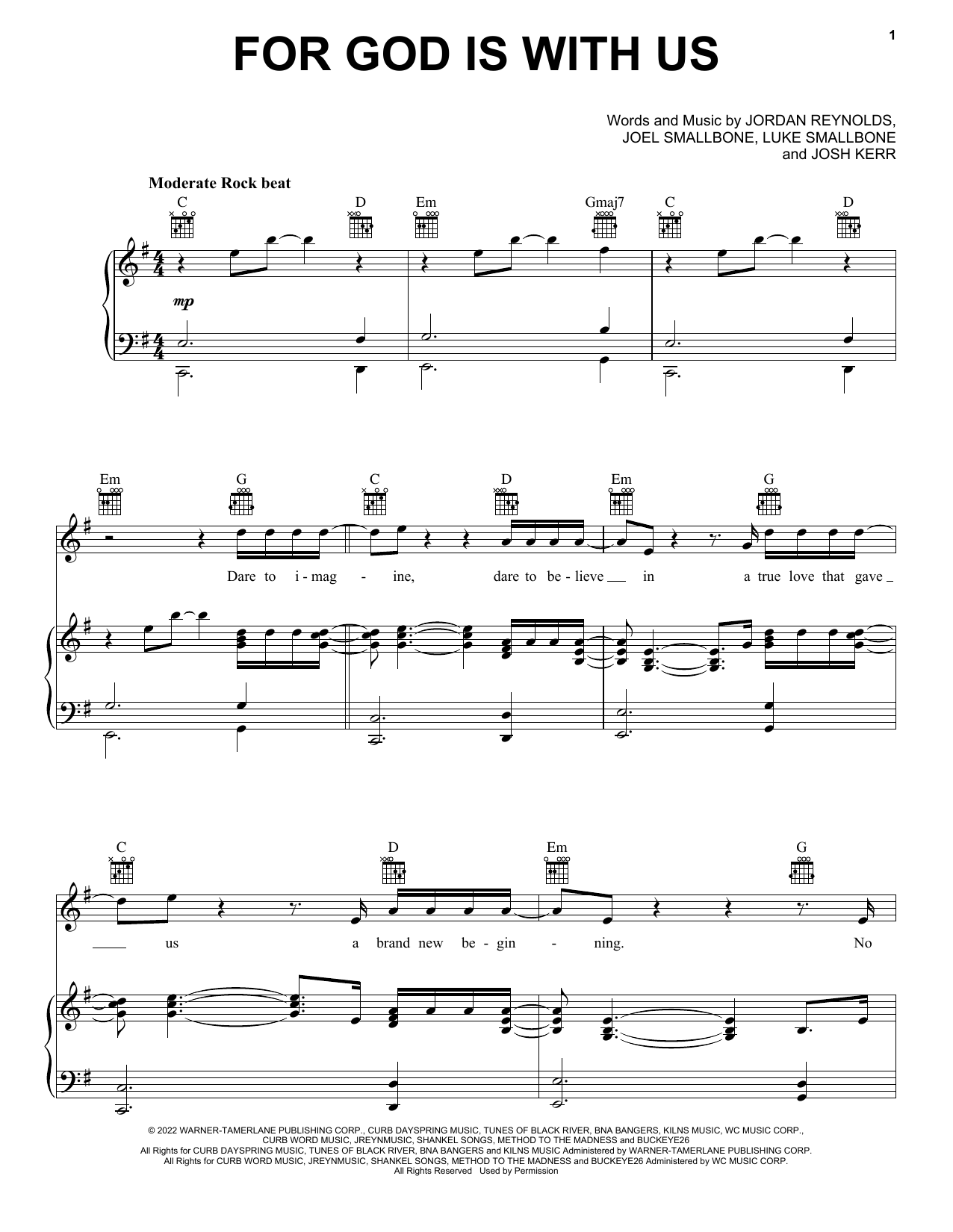 for KING & COUNTRY For God Is With Us sheet music notes and chords arranged for Piano, Vocal & Guitar Chords (Right-Hand Melody)