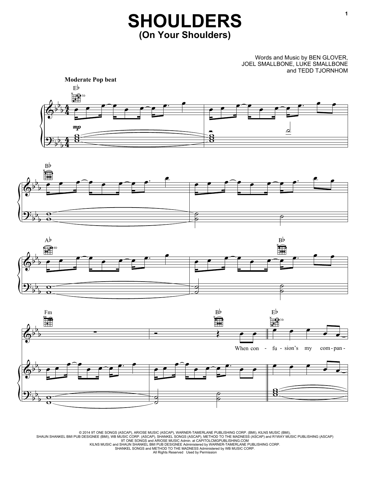 for KING & COUNTRY Shoulders (On Your Shoulders) sheet music notes and chords arranged for Piano, Vocal & Guitar Chords (Right-Hand Melody)