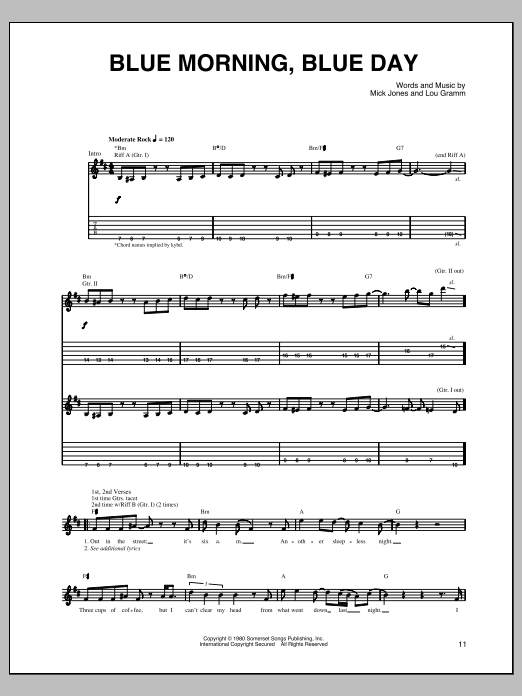 Foreigner Blue Morning, Blue Day sheet music notes and chords arranged for Piano, Vocal & Guitar Chords (Right-Hand Melody)