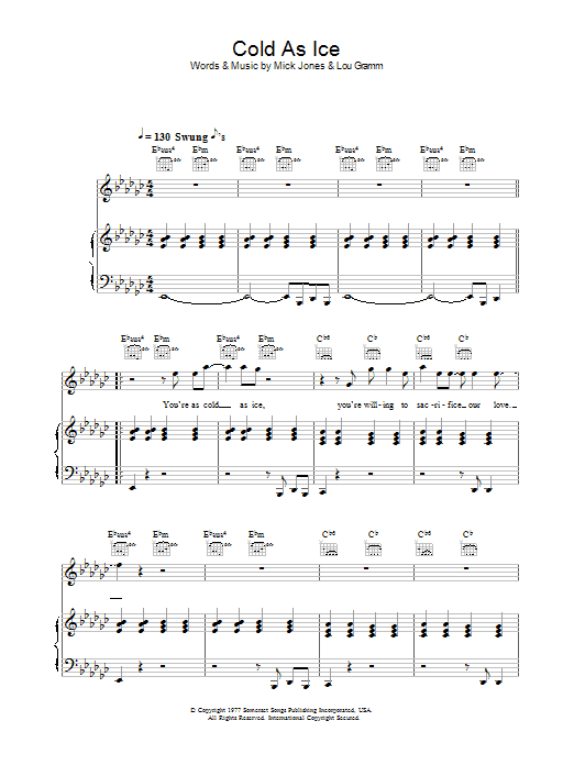Foreigner Cold As Ice sheet music notes and chords arranged for Keyboard Transcription