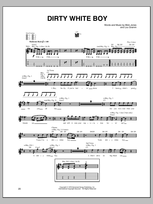 Foreigner Dirty White Boy sheet music notes and chords arranged for Guitar Tab