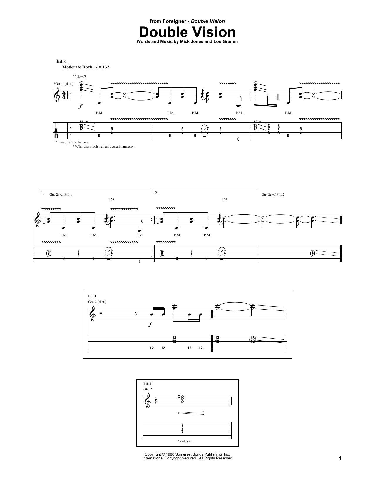Foreigner Double Vision sheet music notes and chords arranged for Guitar Tab