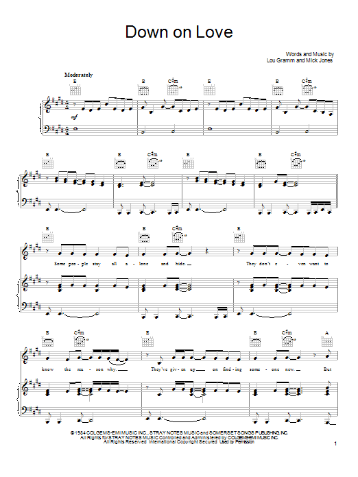 Foreigner Down On Love sheet music notes and chords arranged for Piano, Vocal & Guitar Chords (Right-Hand Melody)