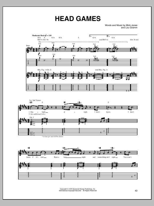 Foreigner Head Games sheet music notes and chords arranged for Piano, Vocal & Guitar Chords (Right-Hand Melody)