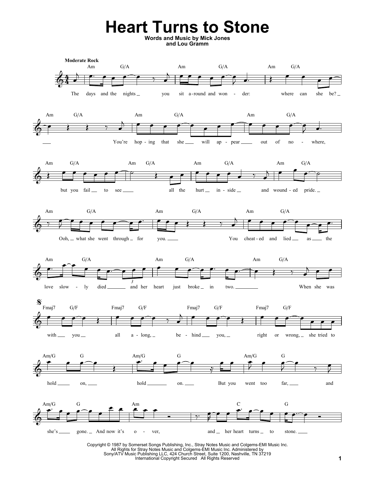 Foreigner Heart Turns To Stone sheet music notes and chords arranged for Lead Sheet / Fake Book