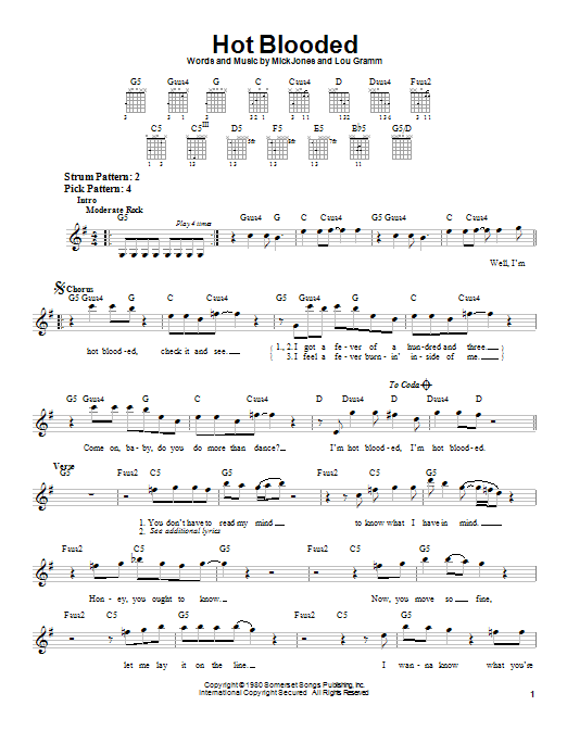Foreigner Hot Blooded sheet music notes and chords arranged for Easy Guitar