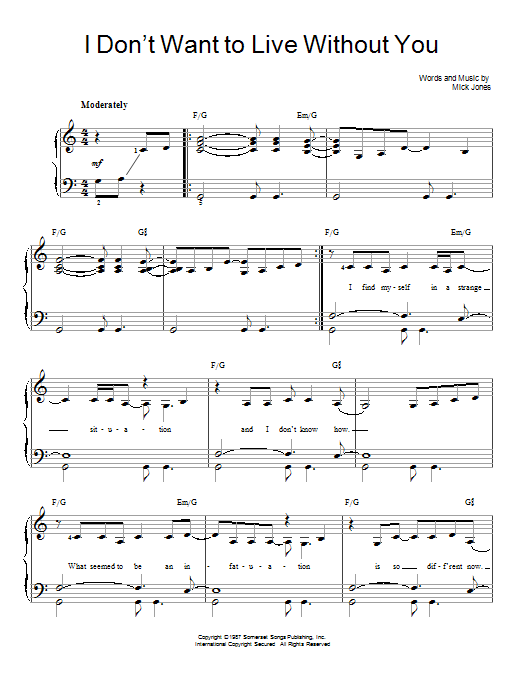 Foreigner I Don't Want To Live Without You sheet music notes and chords arranged for Piano, Vocal & Guitar Chords (Right-Hand Melody)