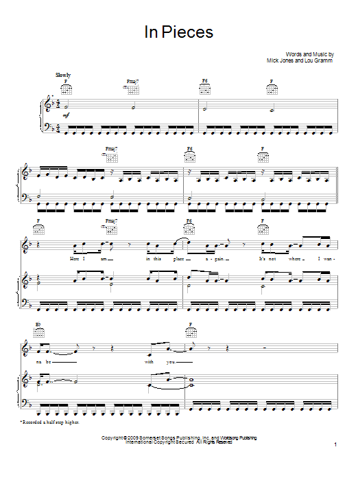 Foreigner In Pieces sheet music notes and chords arranged for Piano, Vocal & Guitar Chords (Right-Hand Melody)