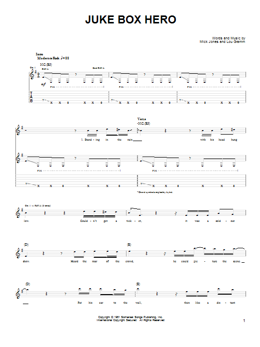 Foreigner Juke Box Hero sheet music notes and chords arranged for Easy Guitar