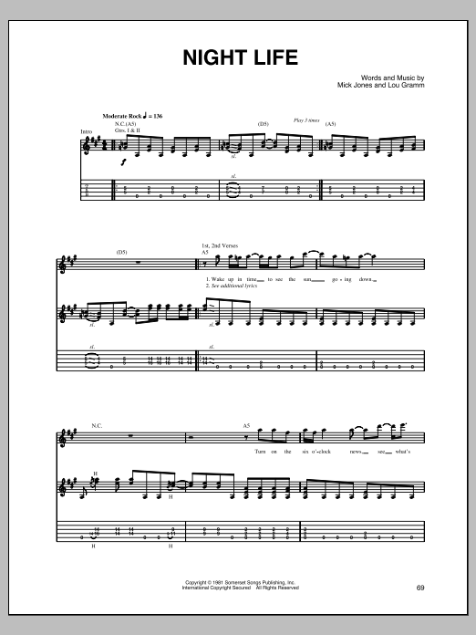 Foreigner Night Life sheet music notes and chords arranged for Guitar Tab