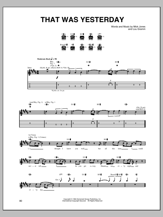Foreigner That Was Yesterday sheet music notes and chords arranged for Guitar Tab