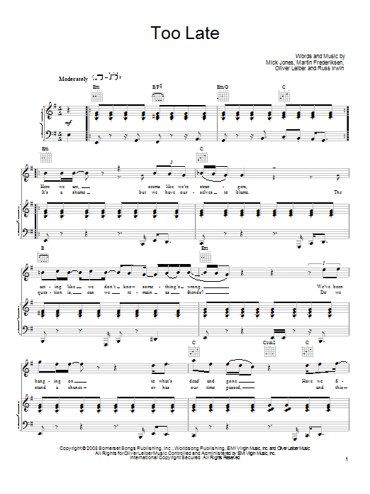 Foreigner Too Late sheet music notes and chords arranged for Piano, Vocal & Guitar Chords (Right-Hand Melody)