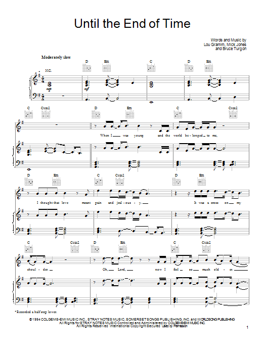 Foreigner Until The End Of Time sheet music notes and chords arranged for Piano, Vocal & Guitar Chords (Right-Hand Melody)