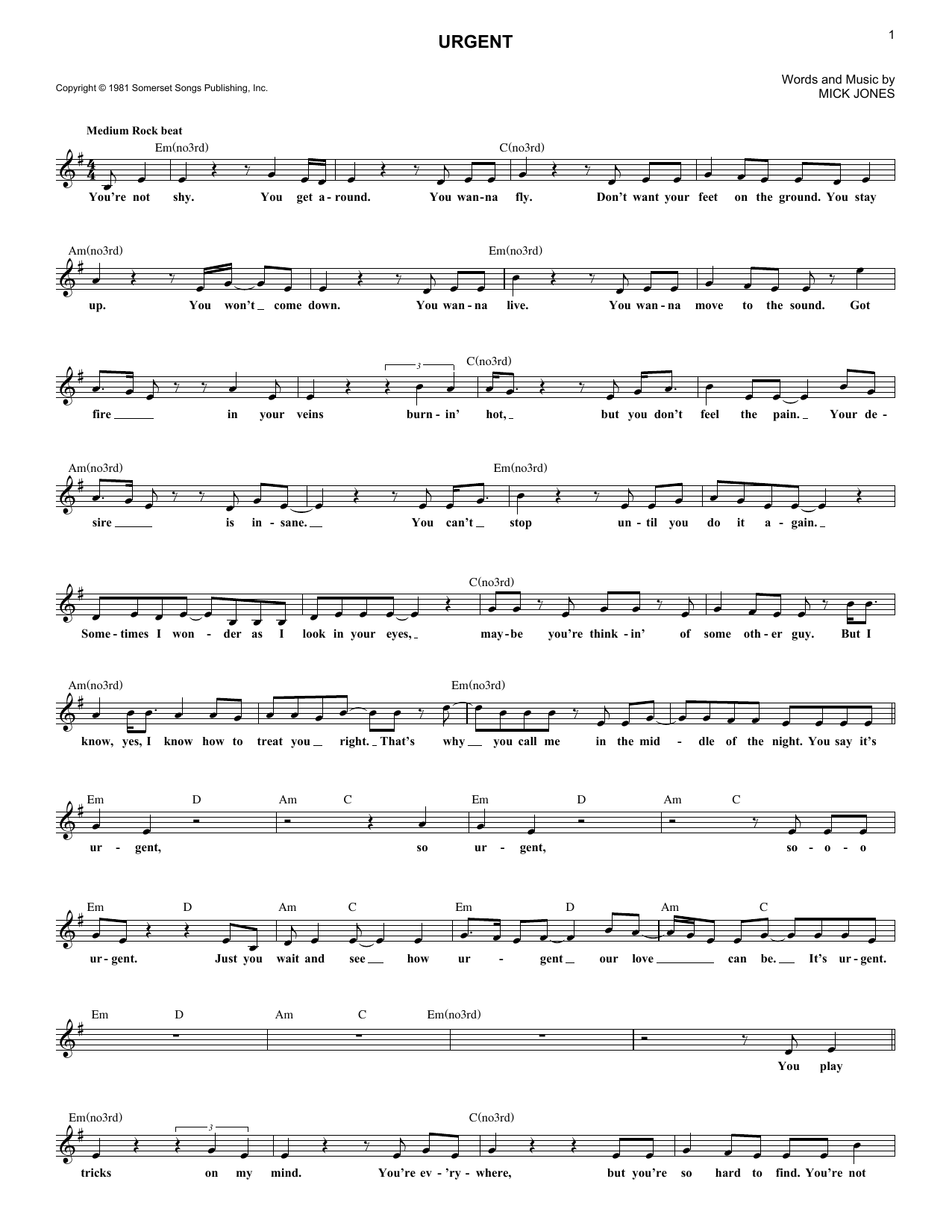 Foreigner Urgent sheet music notes and chords arranged for Piano, Vocal & Guitar Chords (Right-Hand Melody)