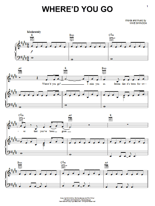 Fort Minor Where'd You Go sheet music notes and chords arranged for Piano, Vocal & Guitar Chords (Right-Hand Melody)