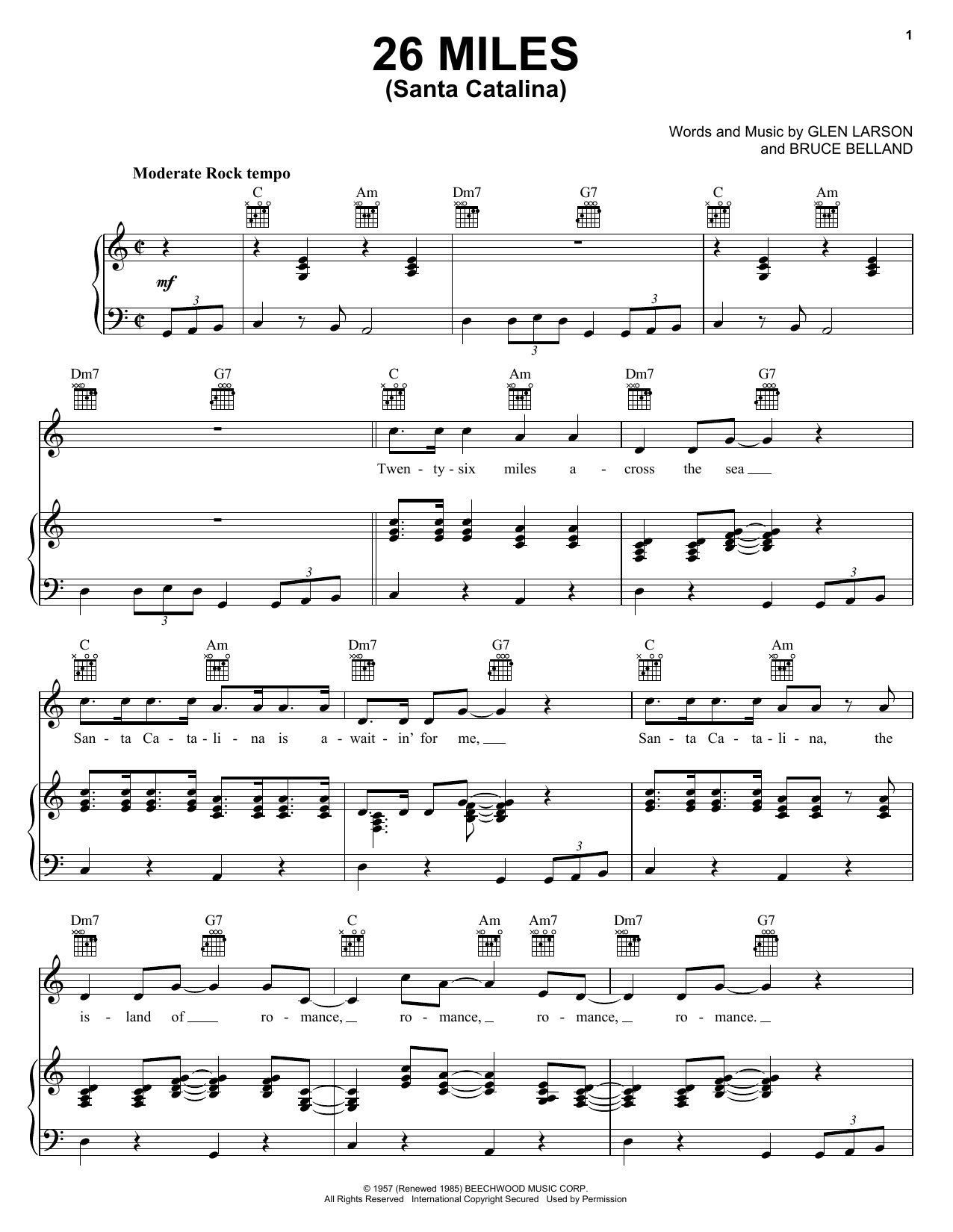 Four Preps 26 Miles (Santa Catalina) sheet music notes and chords arranged for Piano, Vocal & Guitar Chords (Right-Hand Melody)