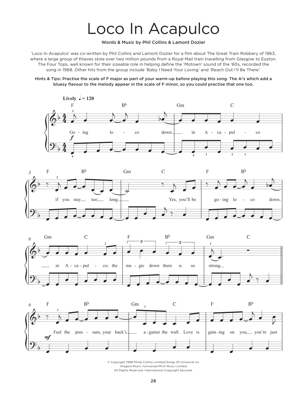 Four Tops Loco In Acapulco sheet music notes and chords arranged for Really Easy Piano