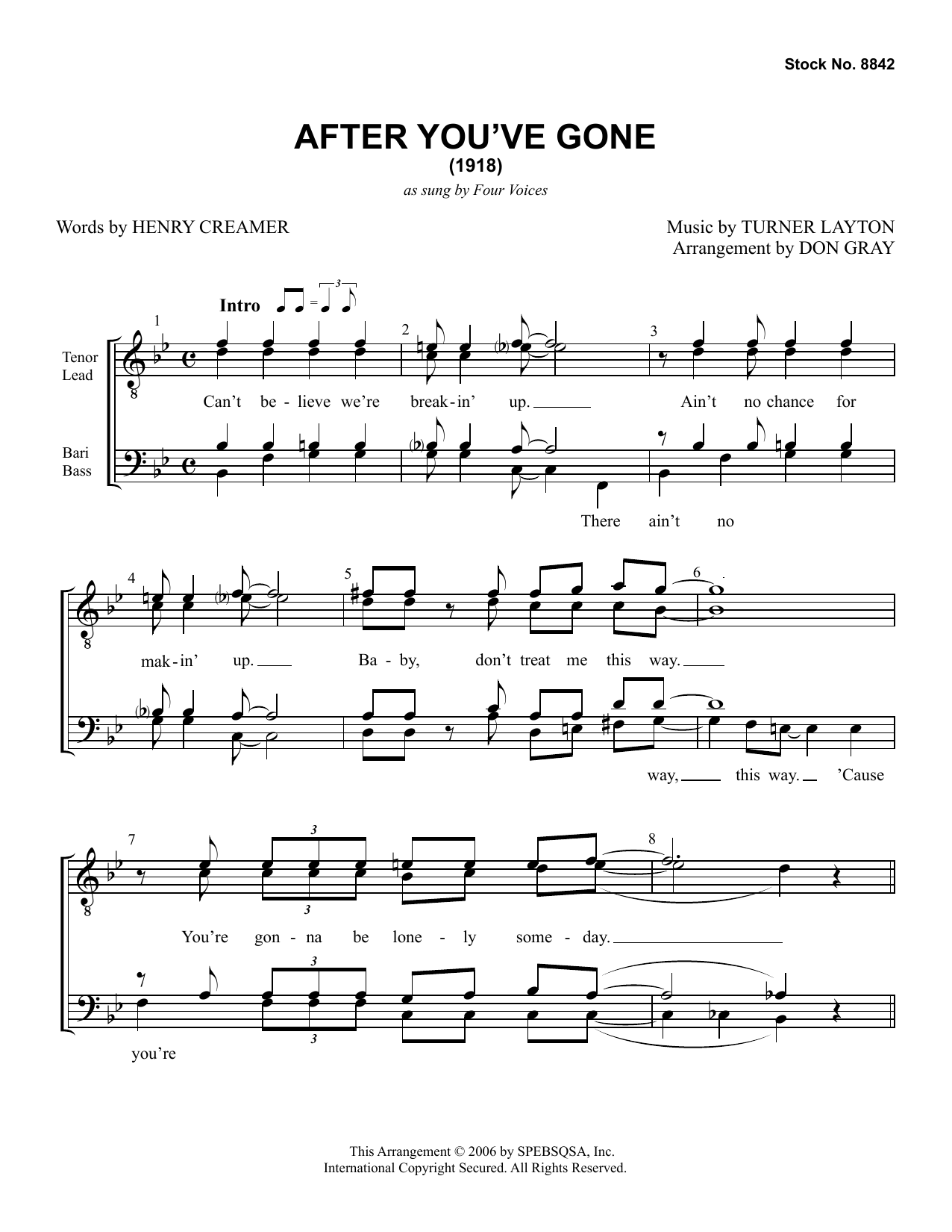 Four Voices After You've Gone (arr. Don Gray) sheet music notes and chords arranged for TTBB Choir