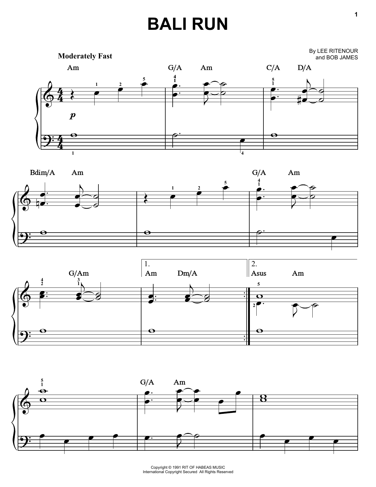 Fourplay Bali Run sheet music notes and chords arranged for Easy Piano
