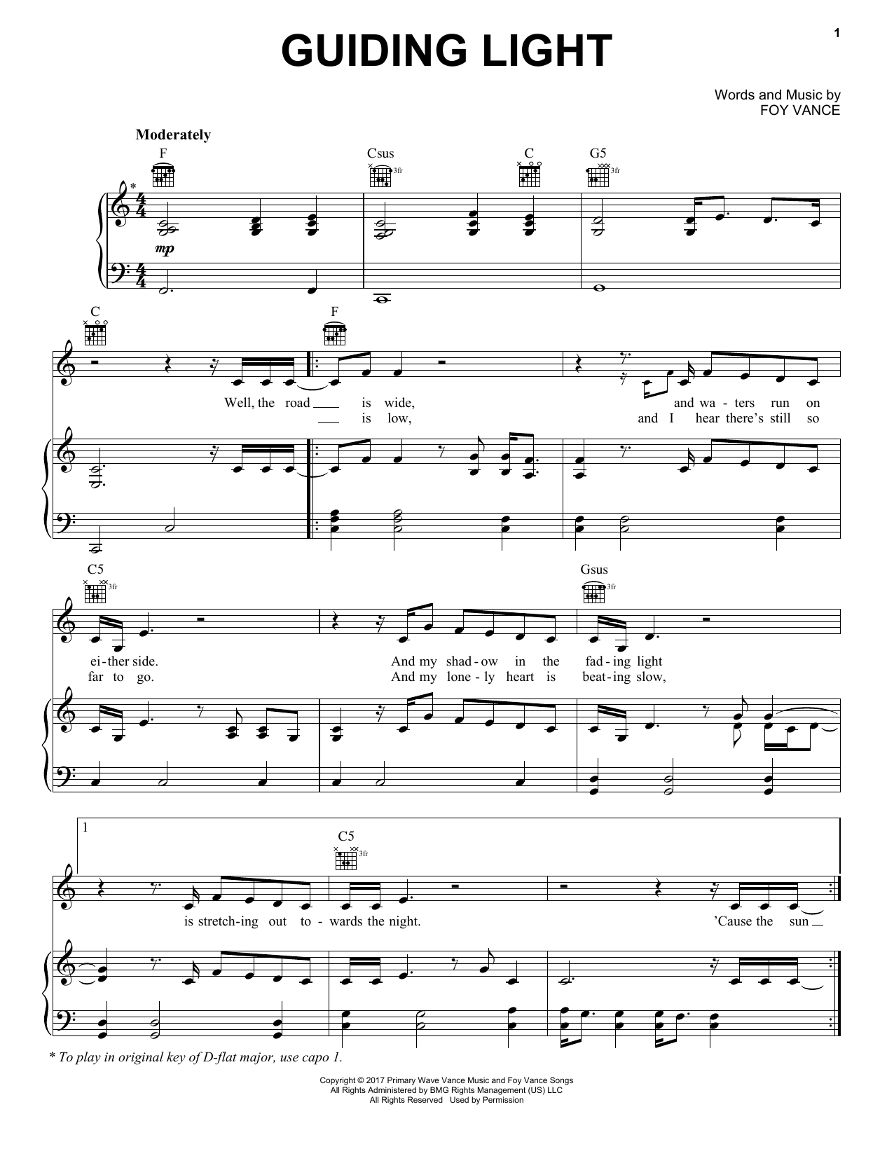Foy Vance feat. Ed Sheeran Guiding Light sheet music notes and chords arranged for Piano, Vocal & Guitar Chords (Right-Hand Melody)
