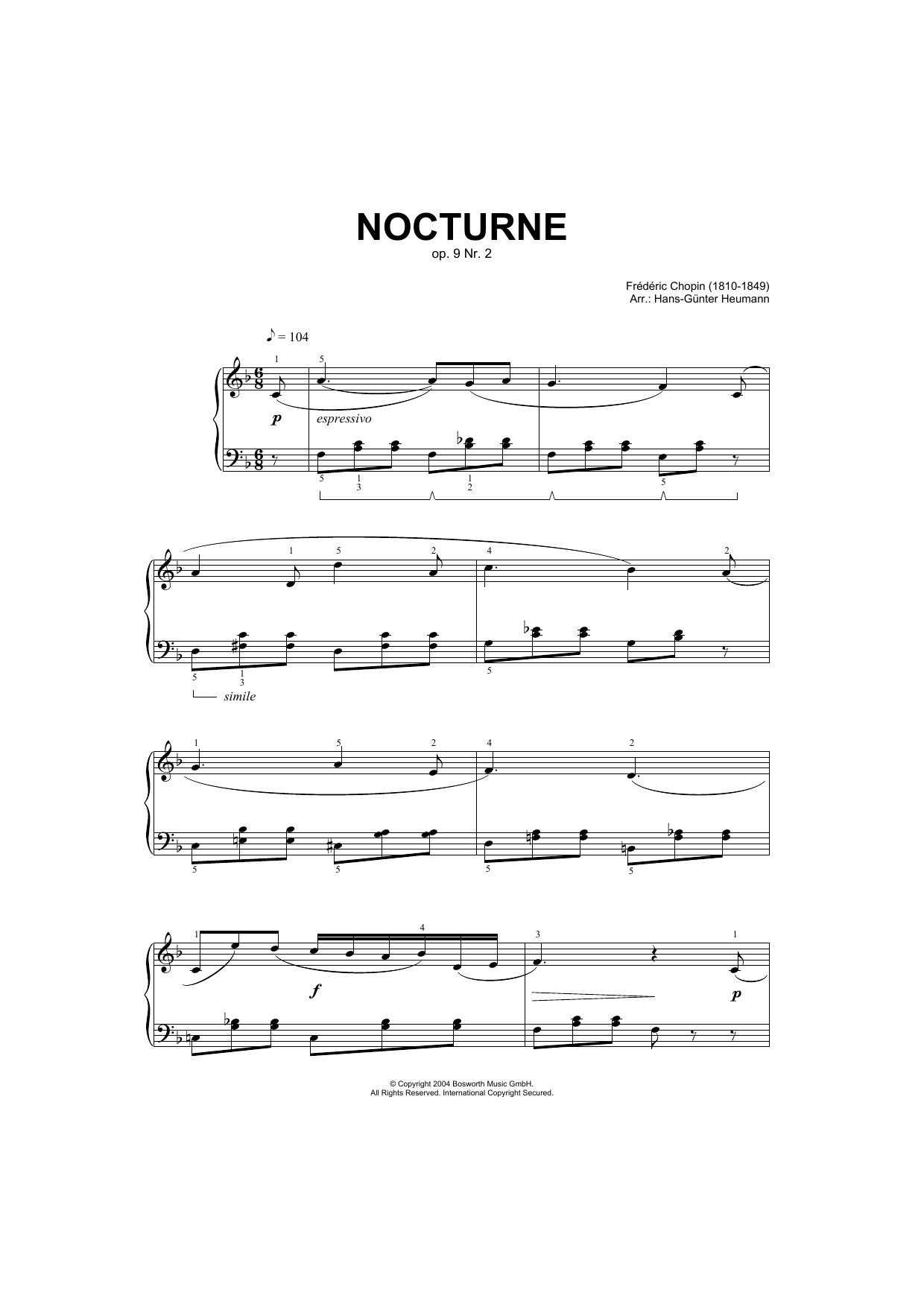 Frédéric Chopin Nocturne in E Flat Major, Op.9, No.2 (arr. Hans-Gunter Heumann) sheet music notes and chords arranged for Piano Solo