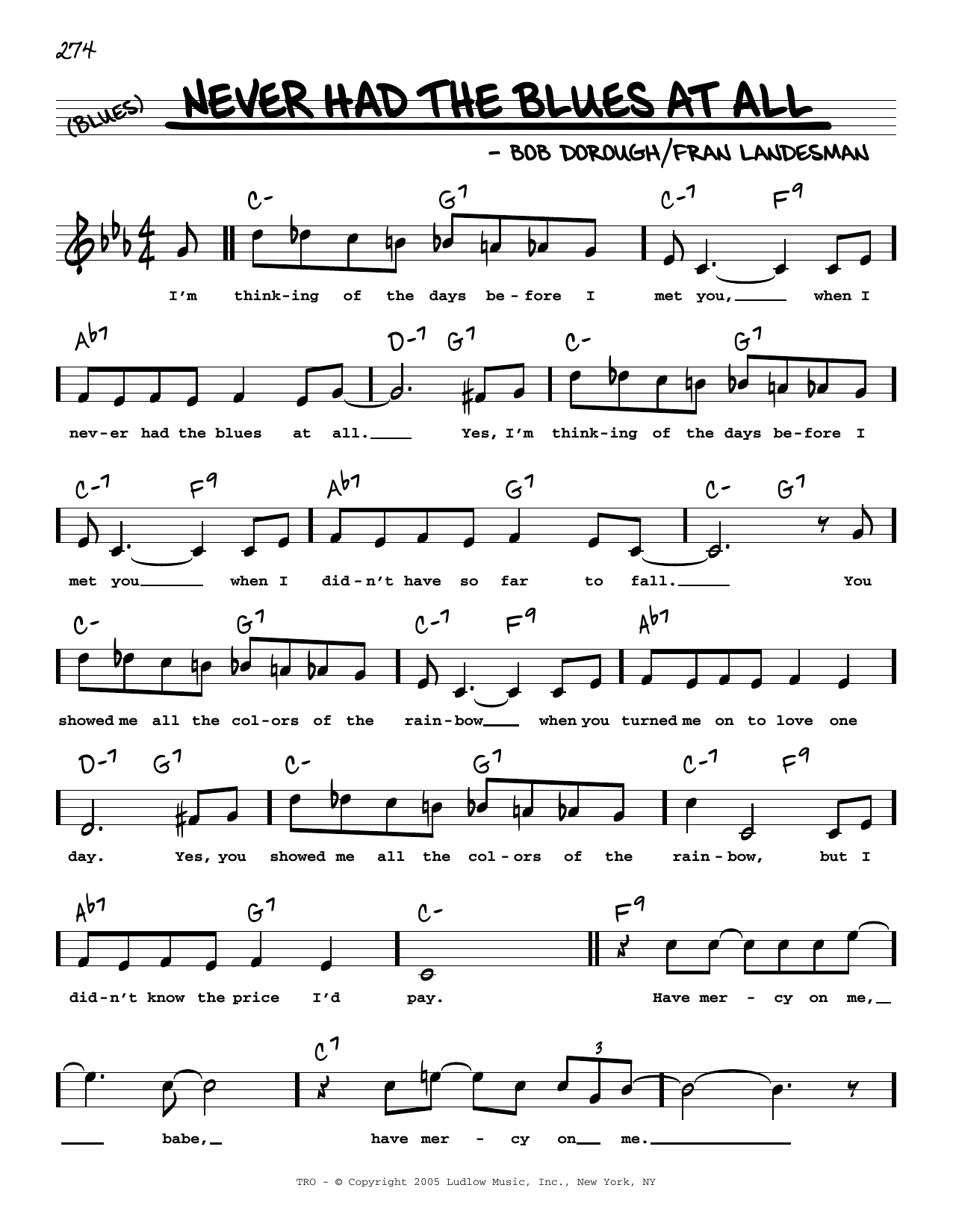 Fran Landesman and Bob Dorough Never Had The Blues At All (High Voice) sheet music notes and chords arranged for Real Book – Melody, Lyrics & Chords