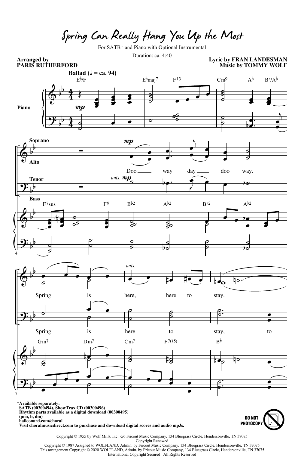 Fran Landesman and Tommy Wolf Spring Can Really Hang You Up The Most (arr. Paris Rutherford) sheet music notes and chords arranged for SATB Choir