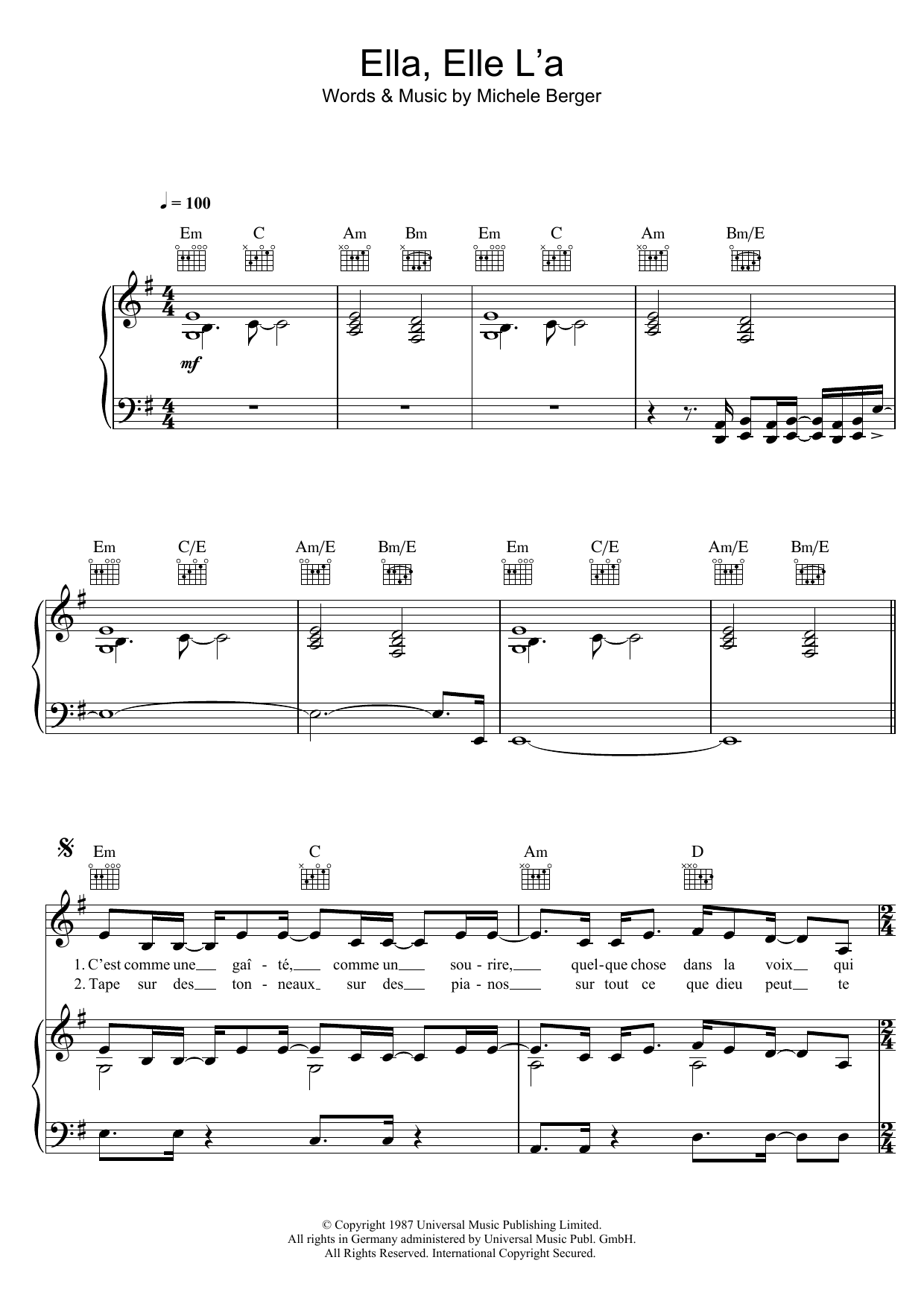 France Gall Ella, Elle L'a sheet music notes and chords arranged for Piano, Vocal & Guitar Chords