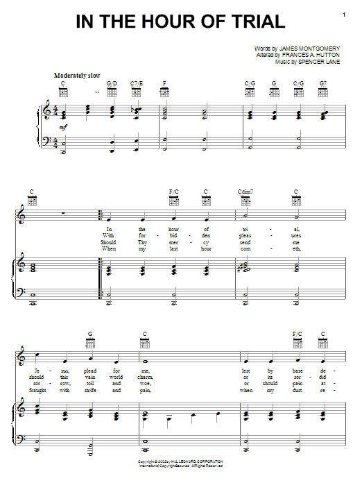 Frances A. Hutton In The Hour Of Trial sheet music notes and chords arranged for Piano, Vocal & Guitar Chords (Right-Hand Melody)