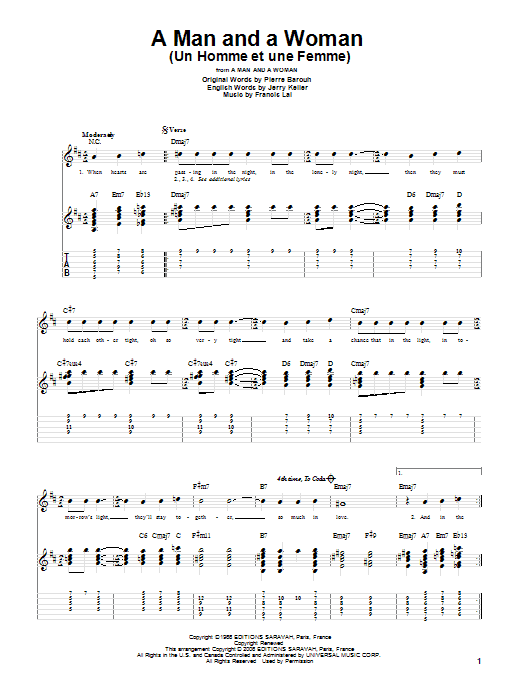 Francis Lai A Man And A Woman (Un Homme Et Une Femme) sheet music notes and chords arranged for Solo Guitar