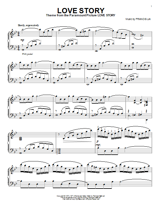 Francis Lai Love Story sheet music notes and chords arranged for Piano Solo