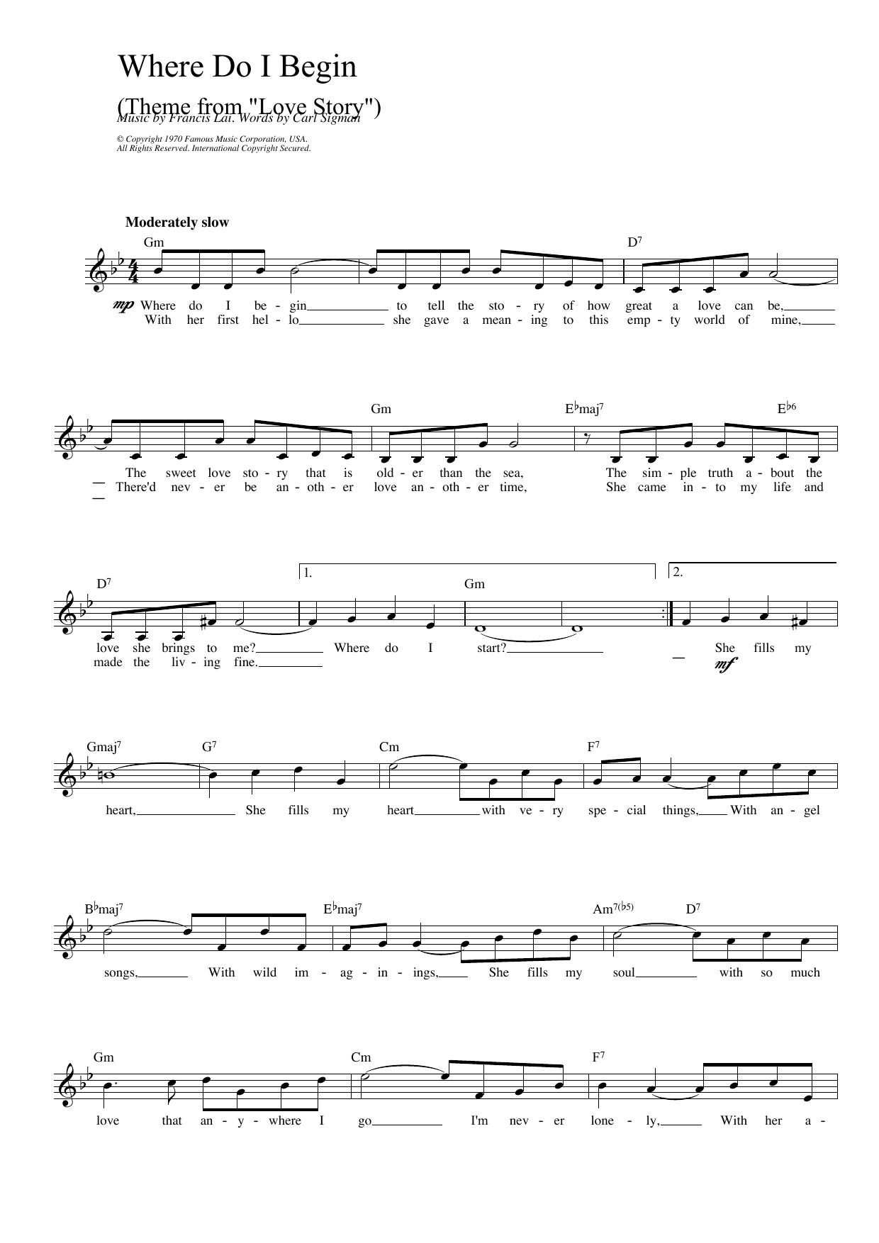 Francis Lai Where Do I Begin (theme from Love Story) sheet music notes and chords arranged for Lead Sheet / Fake Book