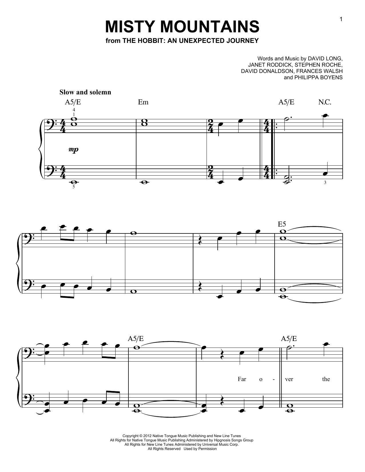 Frances Walsh Misty Mountains (from The Hobbit: An Unexpected Journey) sheet music notes and chords arranged for Easy Piano
