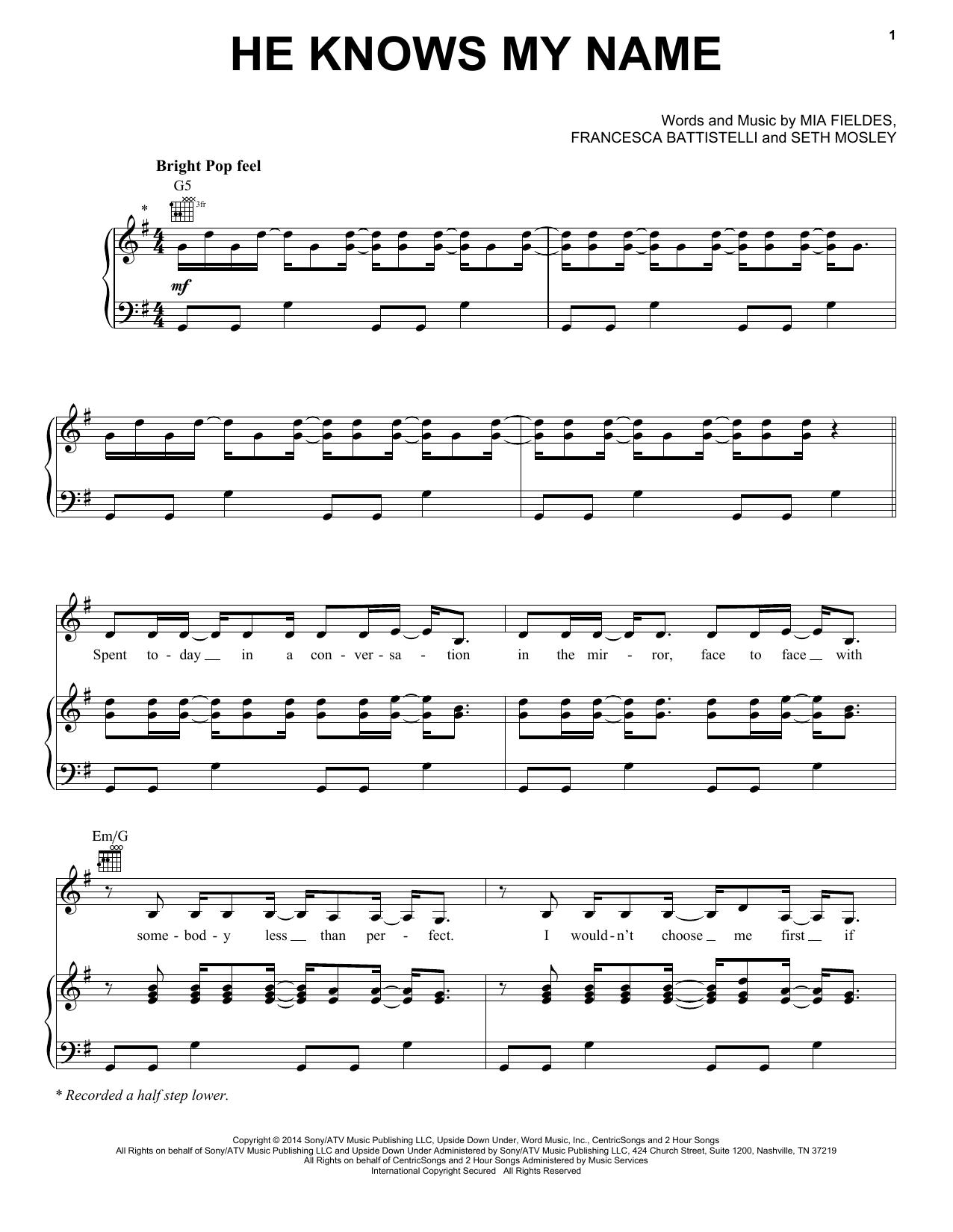 Francesca Battistelli He Knows My Name sheet music notes and chords arranged for Piano, Vocal & Guitar Chords (Right-Hand Melody)