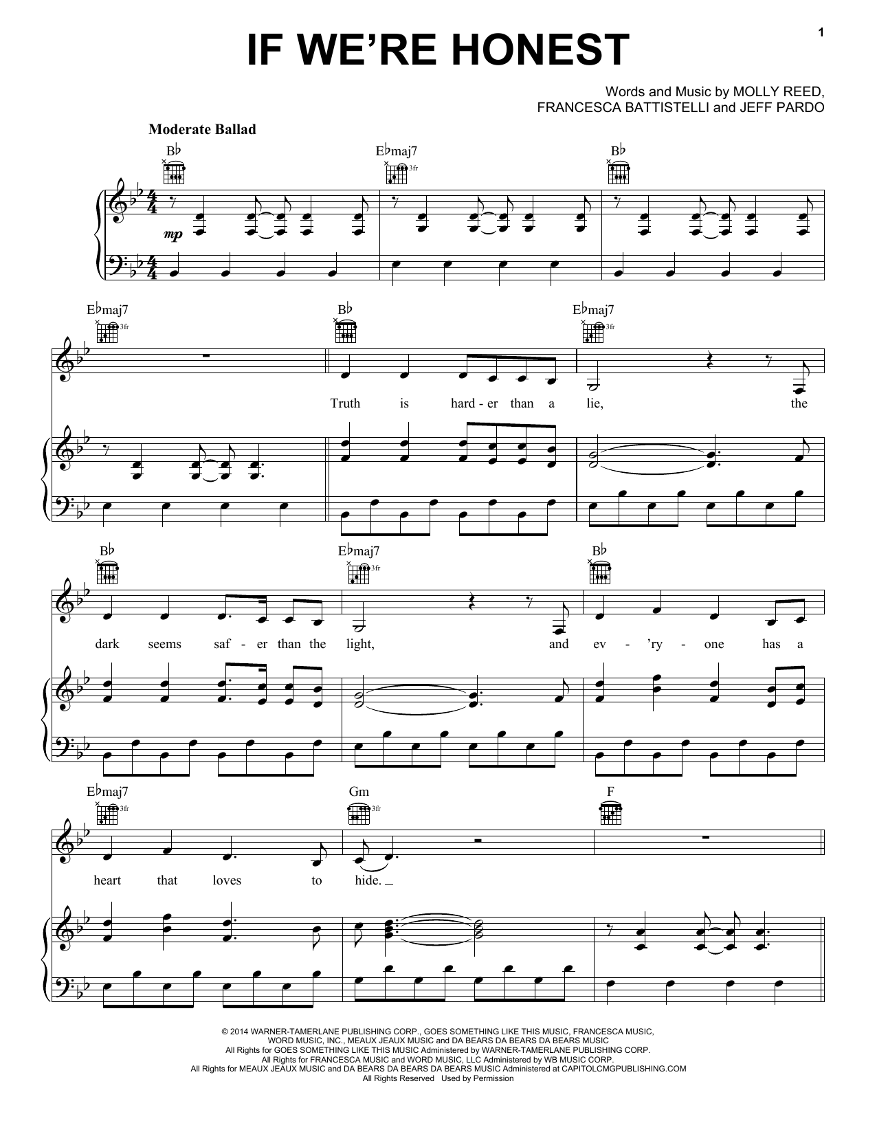 Francesca Battistelli If We're Honest sheet music notes and chords arranged for Piano, Vocal & Guitar Chords (Right-Hand Melody)