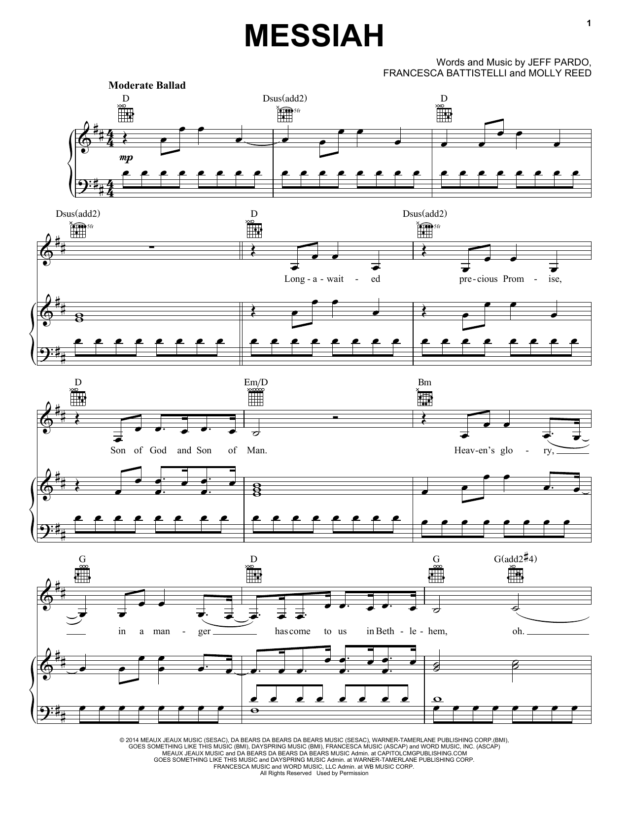 Francesca Battistelli Messiah sheet music notes and chords arranged for Piano, Vocal & Guitar Chords (Right-Hand Melody)