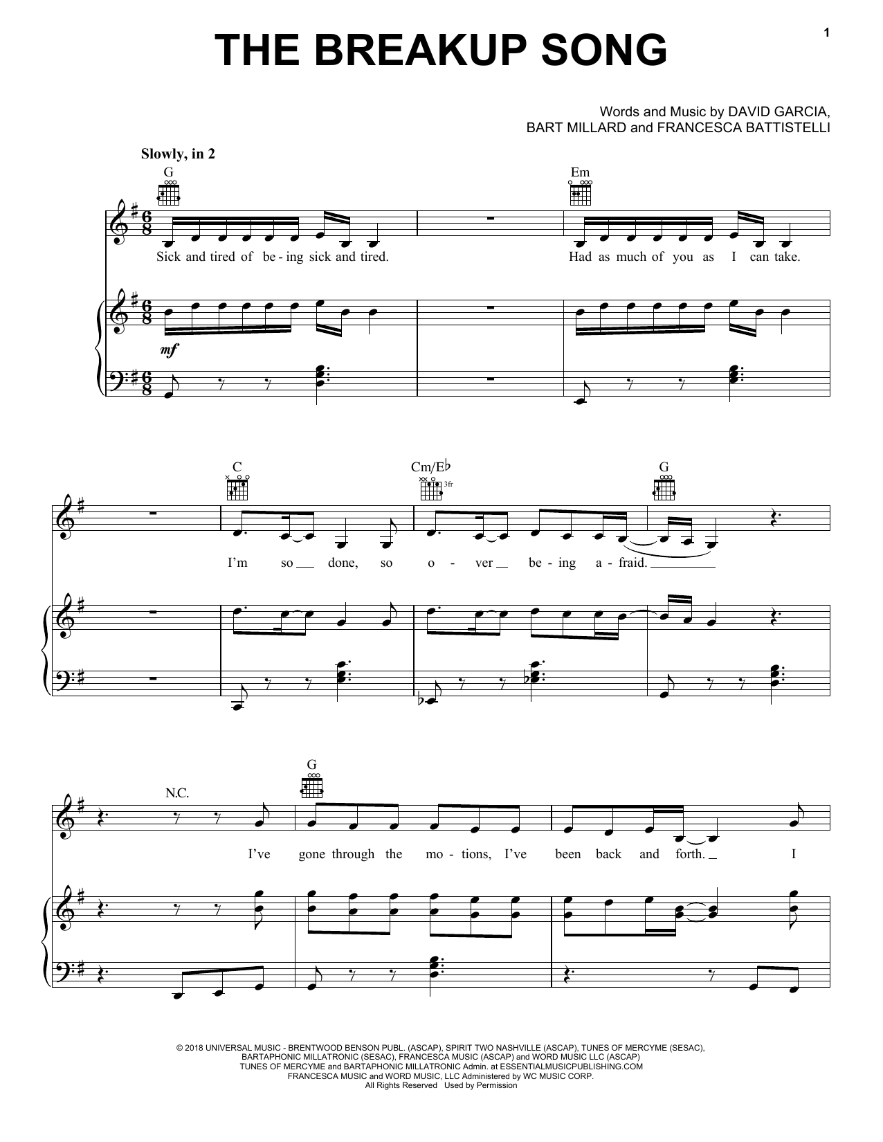 Francesca Battistelli The Breakup Song sheet music notes and chords arranged for Piano, Vocal & Guitar Chords (Right-Hand Melody)