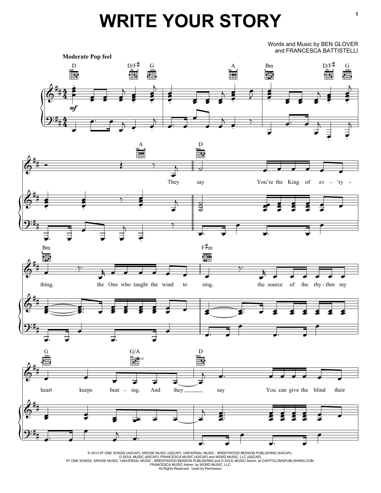 Francesca Battistelli Write Your Story sheet music notes and chords arranged for Piano, Vocal & Guitar Chords (Right-Hand Melody)
