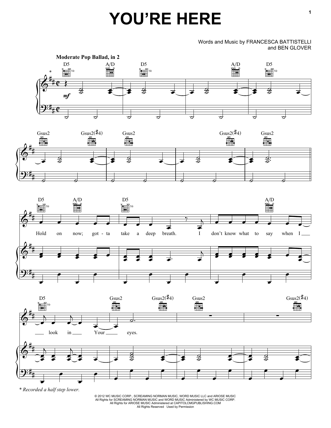 Francesca Battistelli You're Here sheet music notes and chords arranged for Piano, Vocal & Guitar Chords (Right-Hand Melody)