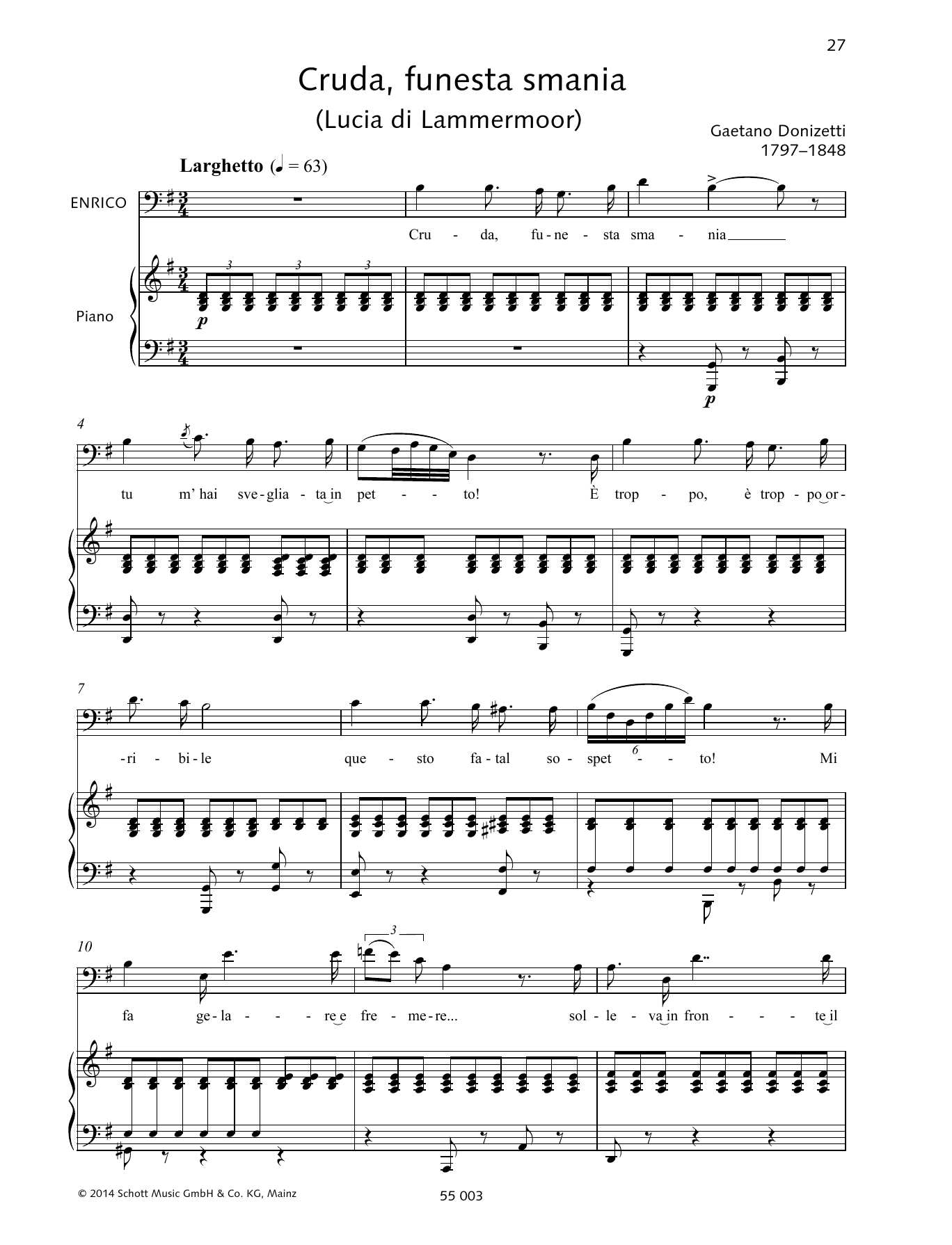 Francesca Licciarda Cruda, funesta smania sheet music notes and chords arranged for Piano & Vocal