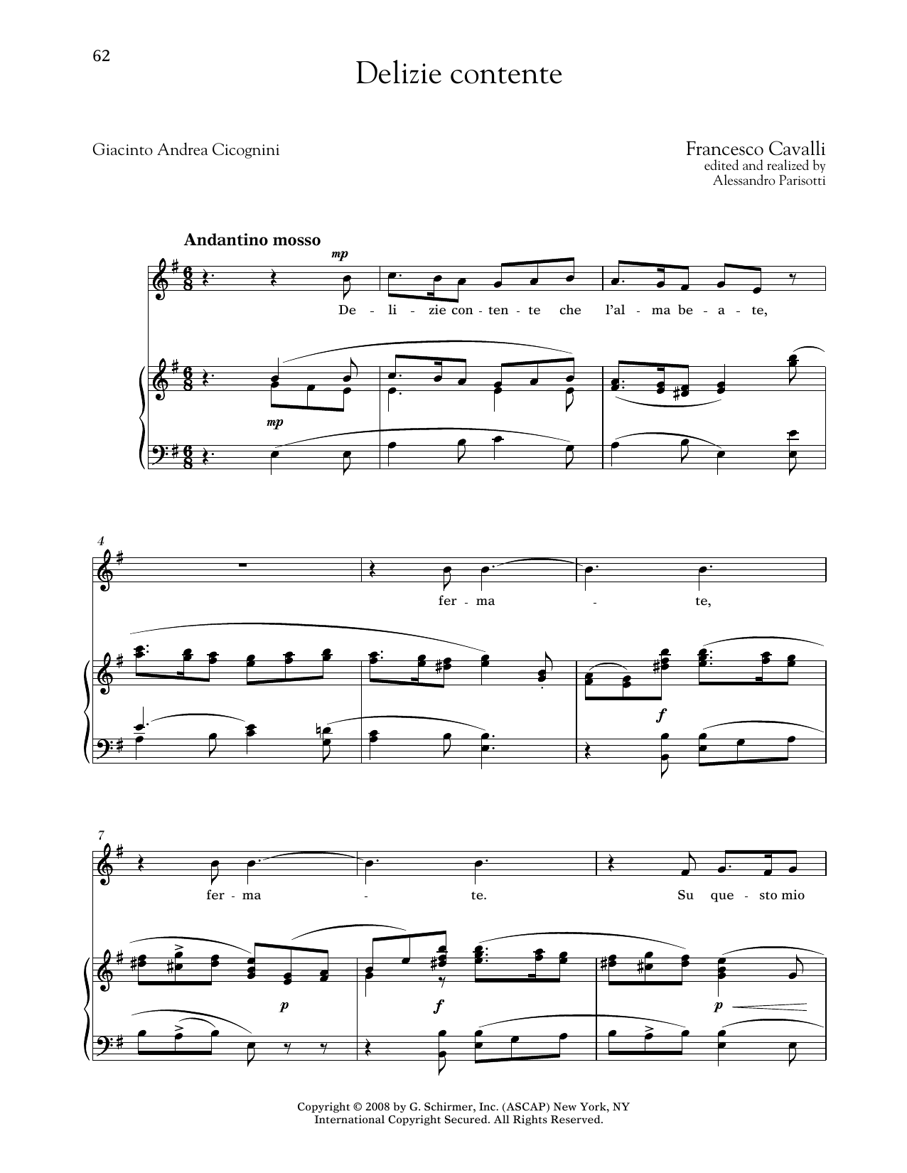 Francesco Cavalli Delizie Contente (Medium Low Voice) sheet music notes and chords arranged for Piano & Vocal