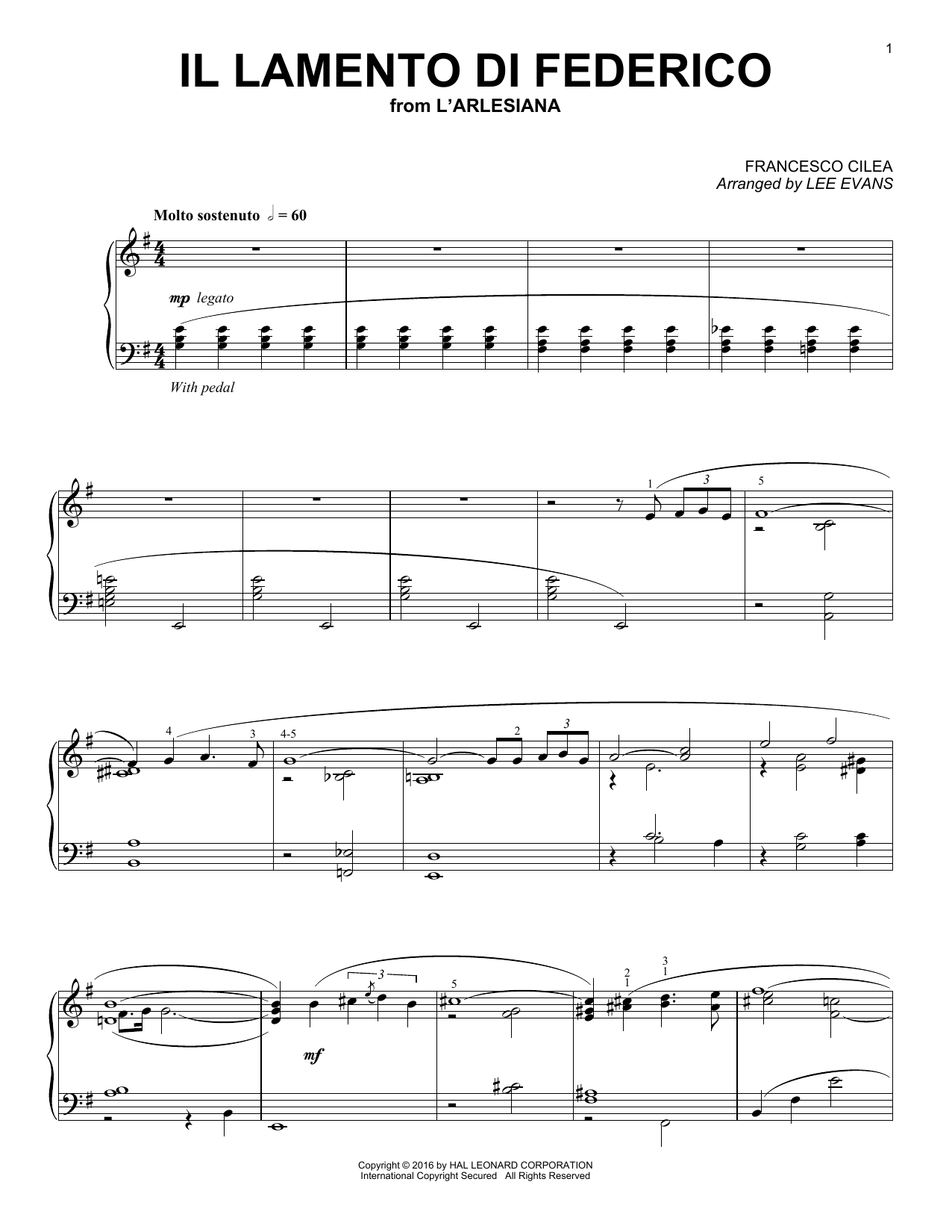 Francesco Cilea ll lamento di Federico (arr. Lee Evans) sheet music notes and chords arranged for Piano Solo