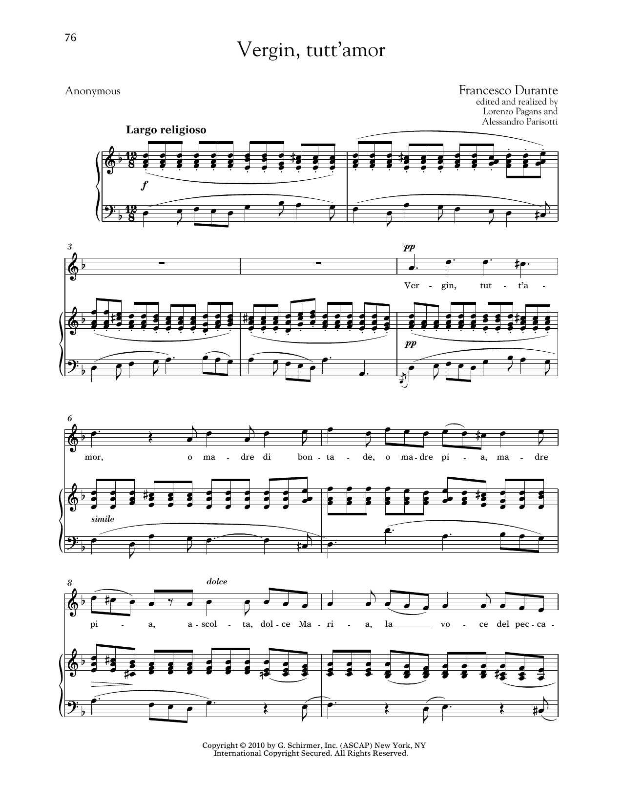 Francesco Durante Vergin, Tutt'amor (High Voice) sheet music notes and chords arranged for Piano & Vocal