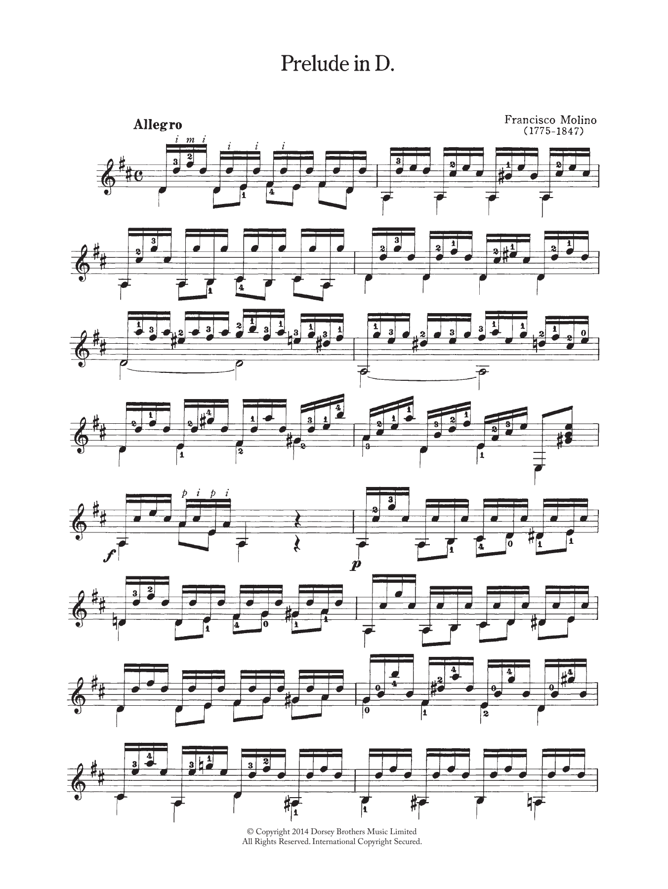 Francesco Molino Prelude In D sheet music notes and chords arranged for Easy Guitar