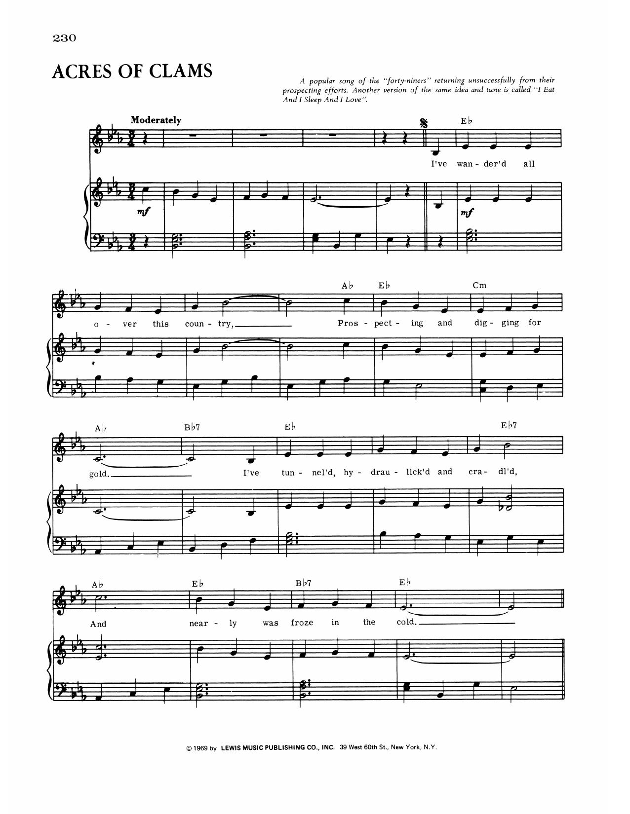 Francis D. Henry Acres Of Clams (Old Settler's Song) sheet music notes and chords arranged for Piano, Vocal & Guitar Chords (Right-Hand Melody)